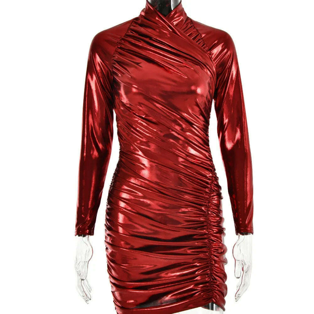 Articat Autumn Leather Long Sleeve Pleated Dress For Women Zipper Tight Irregular Female Dress Party Club Sheath Vestidos 2023 - KIMLUD