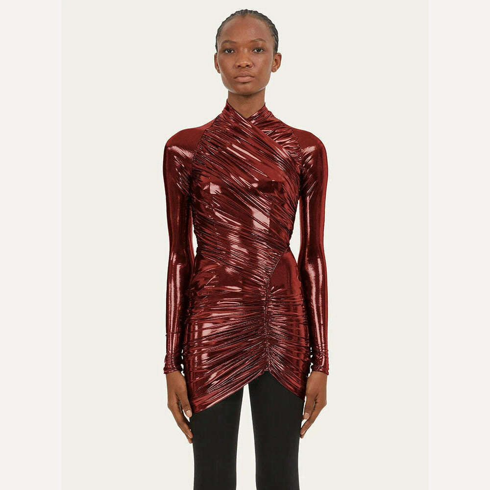Articat Autumn Leather Long Sleeve Pleated Dress For Women Zipper Tight Irregular Female Dress Party Club Sheath Vestidos 2023 - KIMLUD