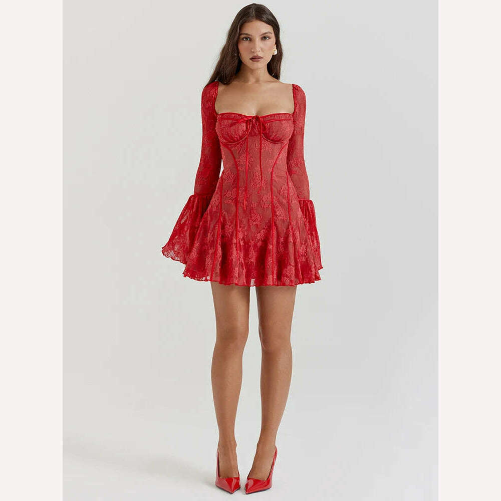 Articat Temperament Christmas Red Long Sleeved Dress Women Lace Patchwork Ruffled Edge Mini Dress Female Bodycon Party Evening - KIMLUD