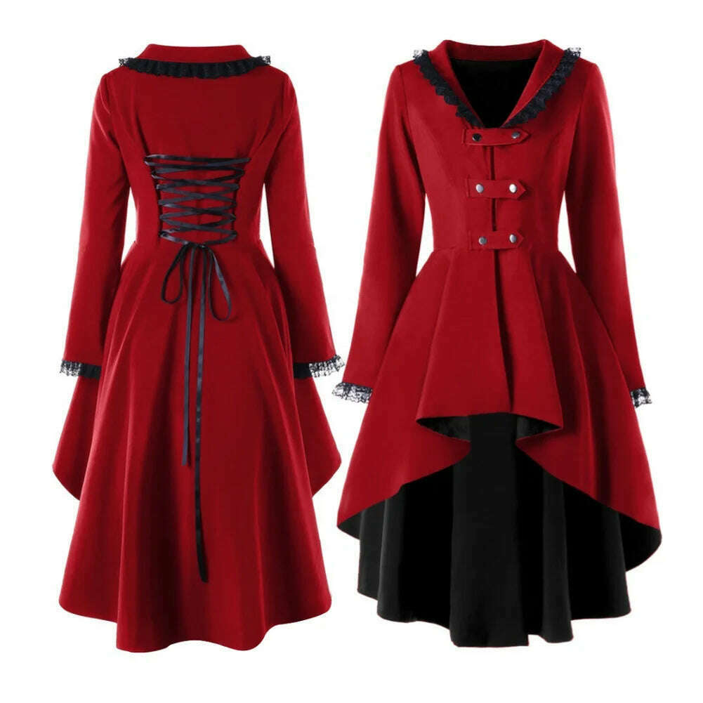 Asymmetrical Lace Patchwork Bandage Trench Gothic Vintage Mid-long Coat Women Black Belt Cloak Windbreaker Female Abrigos Brazil - KIMLUD