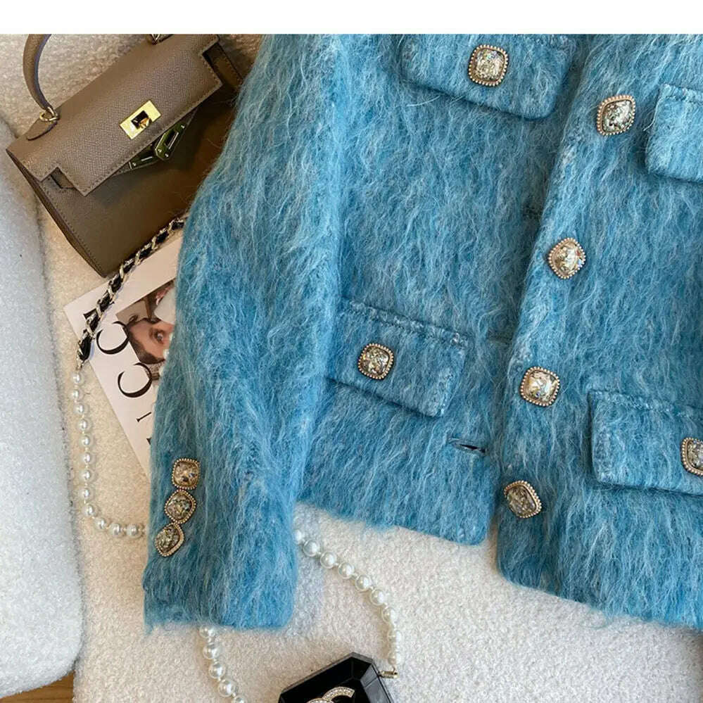 Autumn Collarless Blue Faux Mohair Short Blazer for Women Elegant O Neck Business Lady Single-breasted Outerwear - KIMLUD