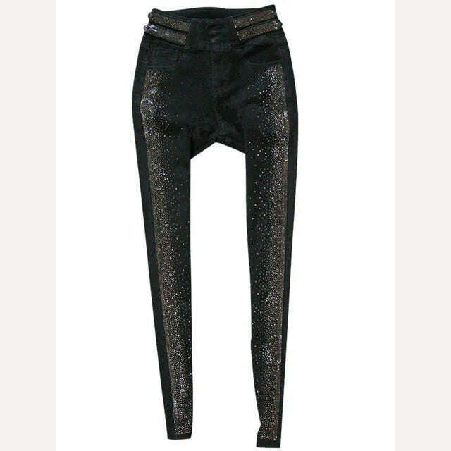 Autumn High-End 2023 High Waist Rhinestone Bling Gradient Gray Black Skinny Jeans Women Cotton Stretch Slim Fit Denim Boot Pants - KIMLUD