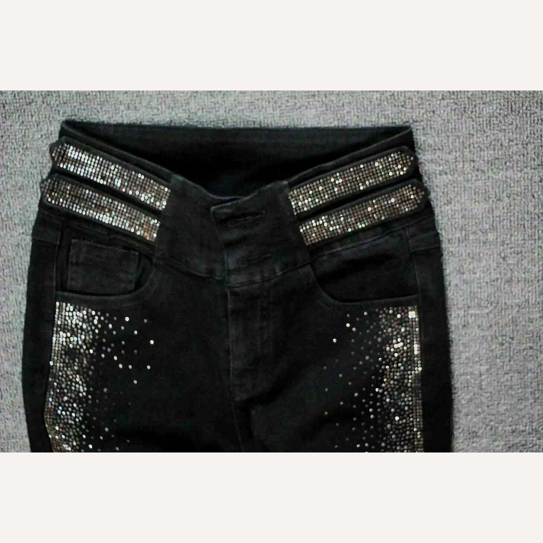 Autumn High-End 2023 High Waist Rhinestone Bling Gradient Gray Black Skinny Jeans Women Cotton Stretch Slim Fit Denim Boot Pants - KIMLUD