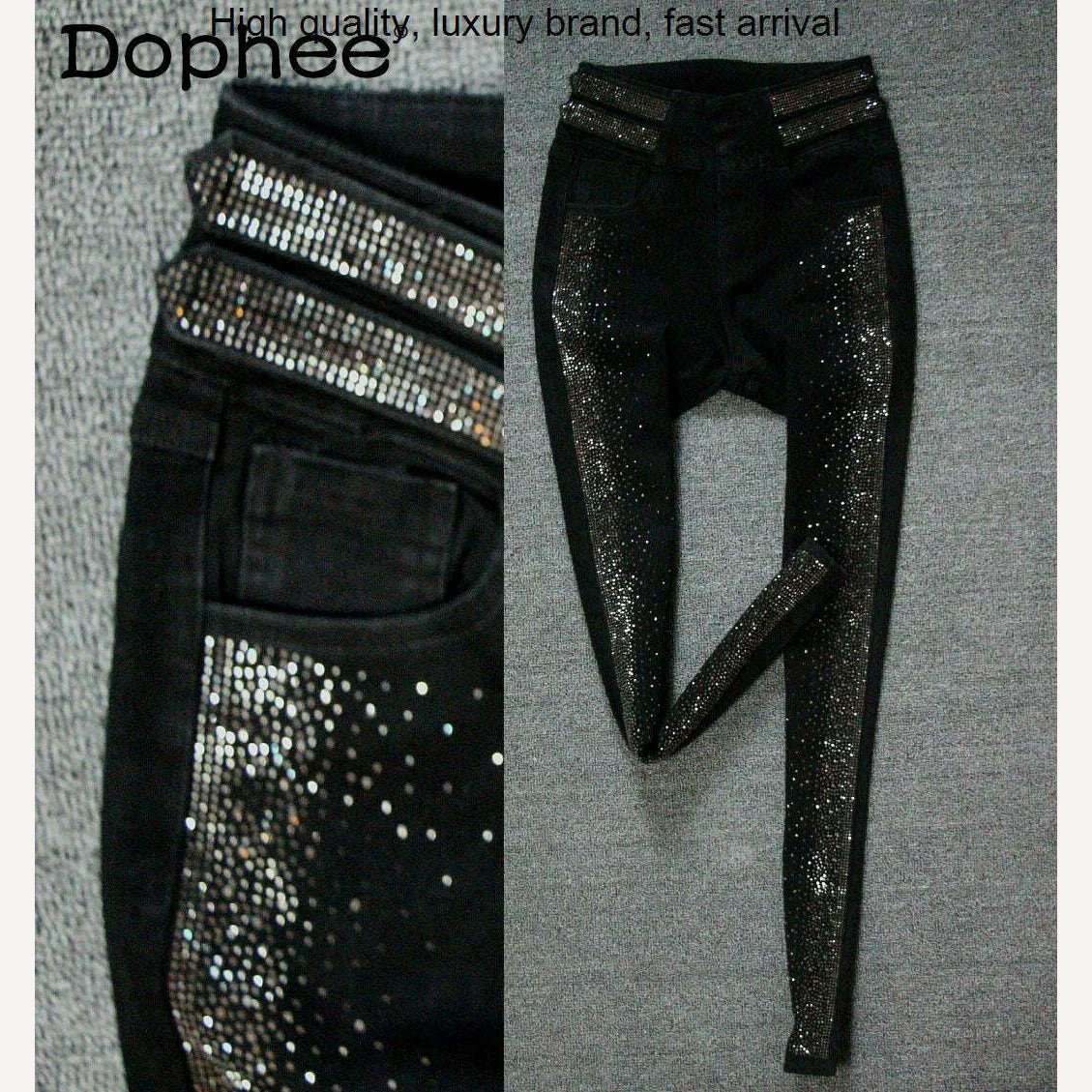 Autumn High-End 2023 High Waist Rhinestone Bling Gradient Gray Black Skinny Jeans Women Cotton Stretch Slim Fit Denim Boot Pants - KIMLUD