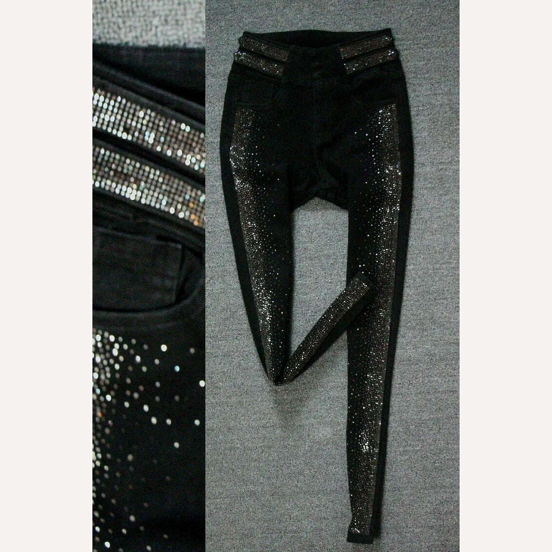 Autumn High-End 2023 High Waist Rhinestone Bling Gradient Gray Black Skinny Jeans Women Cotton Stretch Slim Fit Denim Boot Pants - KIMLUD