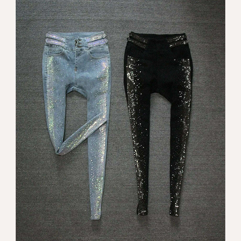 Autumn High-End 2023 High Waist Rhinestone Bling Gradient Gray Black Skinny Jeans Women Cotton Stretch Slim Fit Denim Boot Pants - KIMLUD