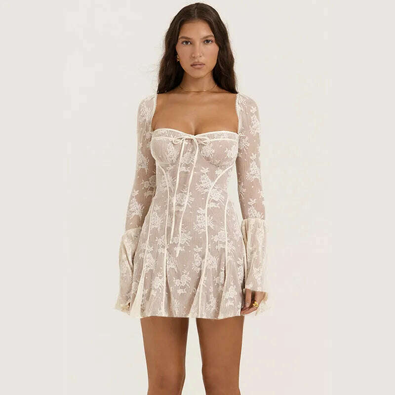 Autumn New Temperament Slim Lace Bell Sleeve Long Sleeve Short Skirt Bandage A-Line Skirt Women's Dress - KIMLUD
