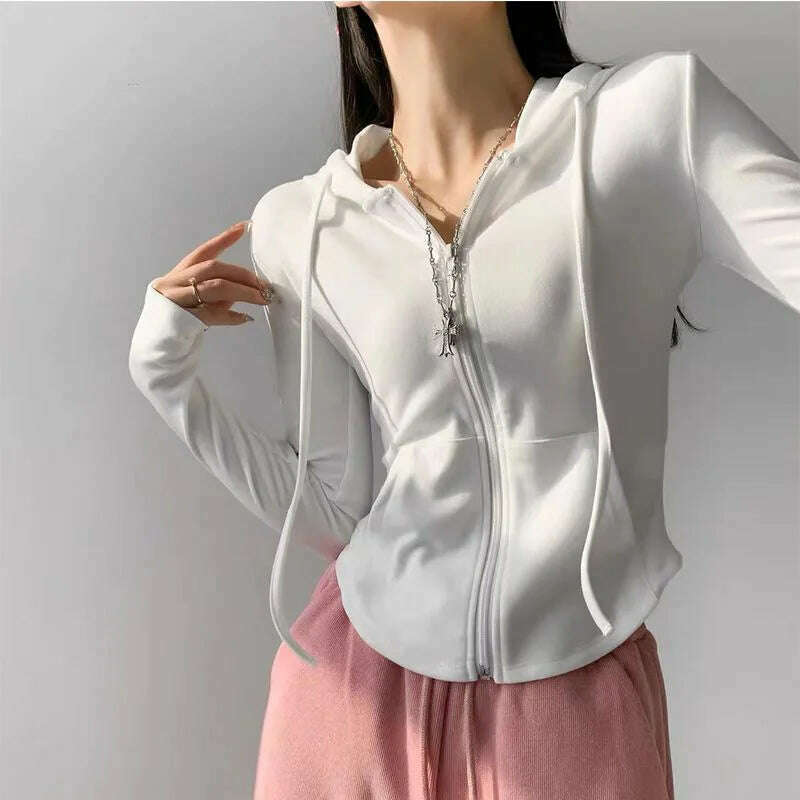 Autumn Solid Cardigan Hoodies Zipper Tops Women Korean Spring Slim Long Sleeve Hooded Short Coat Y2k Vintage Student Sweatshirt - KIMLUD