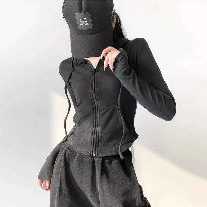 Autumn Solid Cardigan Hoodies Zipper Tops Women Korean Spring Slim Long Sleeve Hooded Short Coat Y2k Vintage Student Sweatshirt - KIMLUD