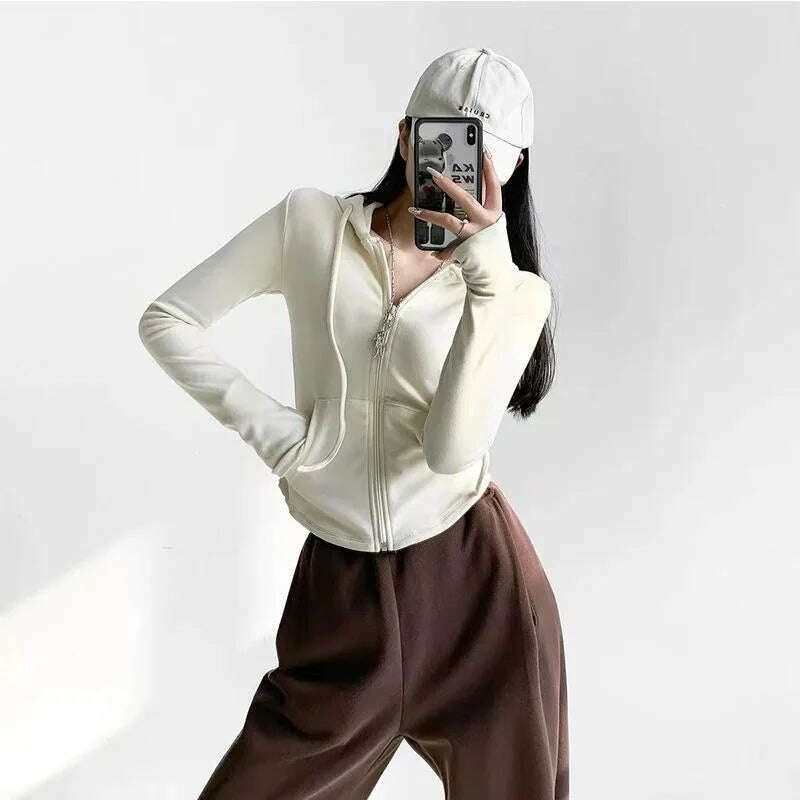 Autumn Solid Cardigan Hoodies Zipper Tops Women Korean Spring Slim Long Sleeve Hooded Short Coat Y2k Vintage Student Sweatshirt - KIMLUD