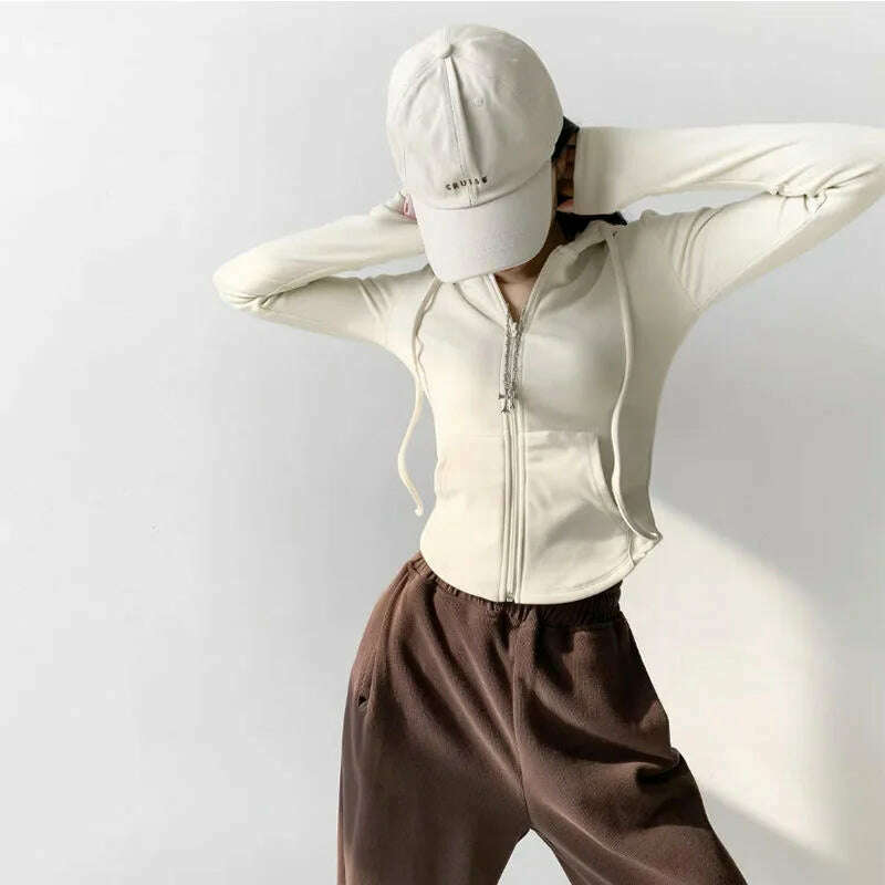 Autumn Solid Cardigan Hoodies Zipper Tops Women Korean Spring Slim Long Sleeve Hooded Short Coat Y2k Vintage Student Sweatshirt - KIMLUD