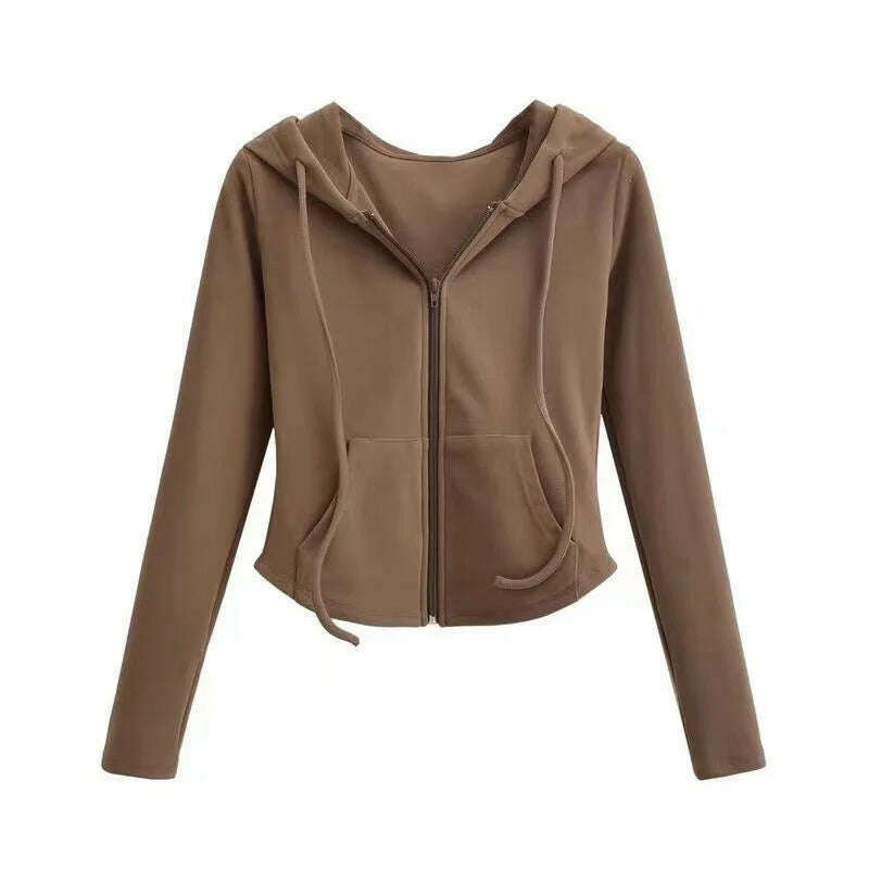 Autumn Solid Cardigan Hoodies Zipper Tops Women Korean Spring Slim Long Sleeve Hooded Short Coat Y2k Vintage Student Sweatshirt - KIMLUD