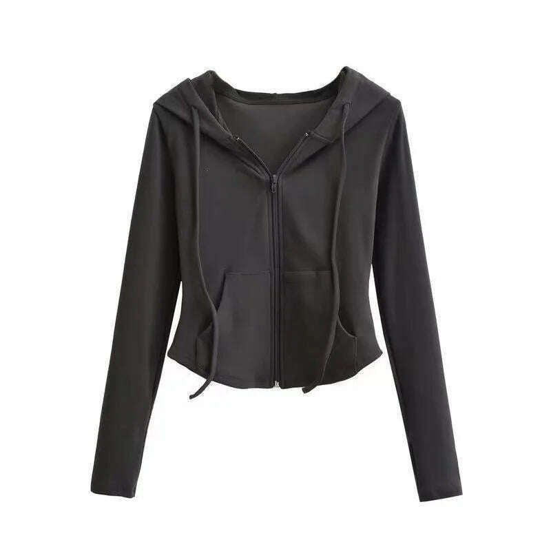 Autumn Solid Cardigan Hoodies Zipper Tops Women Korean Spring Slim Long Sleeve Hooded Short Coat Y2k Vintage Student Sweatshirt - KIMLUD