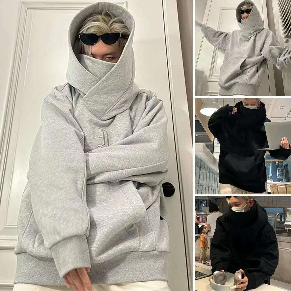 Autumn Winter High Collar Hoodie Pullover Loose Men Coat Tops Harajuku Hiphop Gothic Outwear Streetwear Fleece Hooded Sweatshirt - KIMLUD