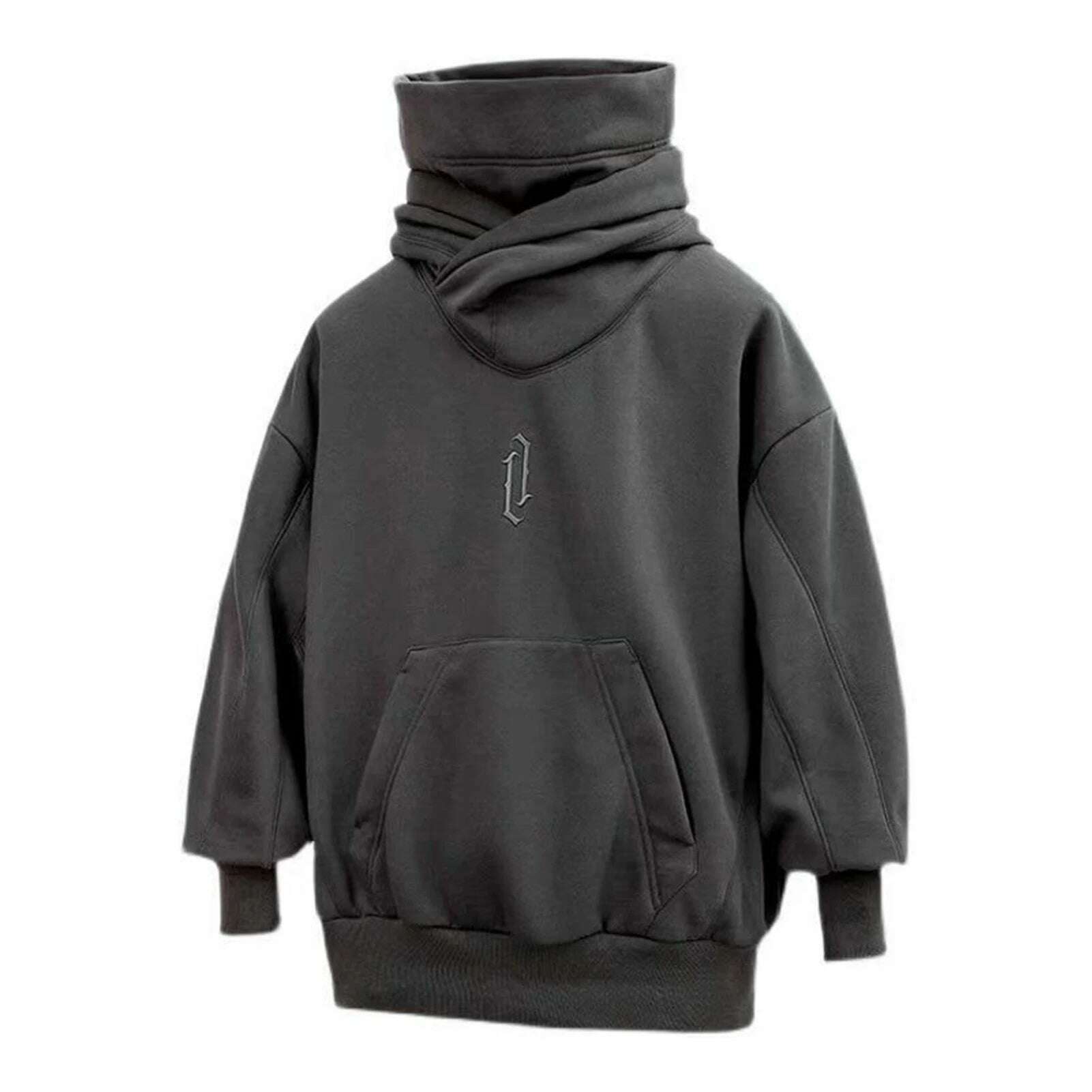 Autumn Winter High Collar Hoodie Pullover Loose Men Coat Tops Harajuku Hiphop Gothic Outwear Streetwear Fleece Hooded Sweatshirt - KIMLUD