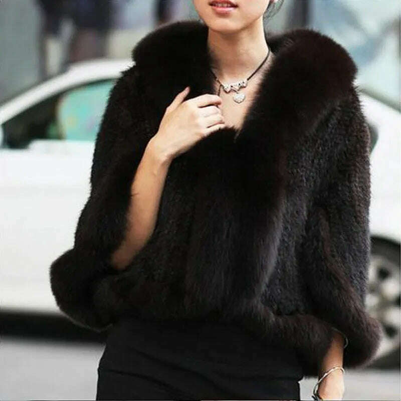 Autumn Winter Ladies' Genuine Knitted Mink Fur Shawls Fox Fur Collar Women Fur Pashmina Wraps Bridal Cape Coat Jacket - KIMLUD