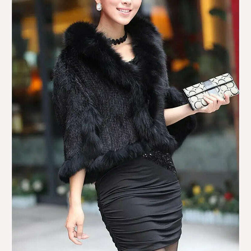 Autumn Winter Ladies' Genuine Knitted Mink Fur Shawls Fox Fur Collar Women Fur Pashmina Wraps Bridal Cape Coat Jacket - KIMLUD