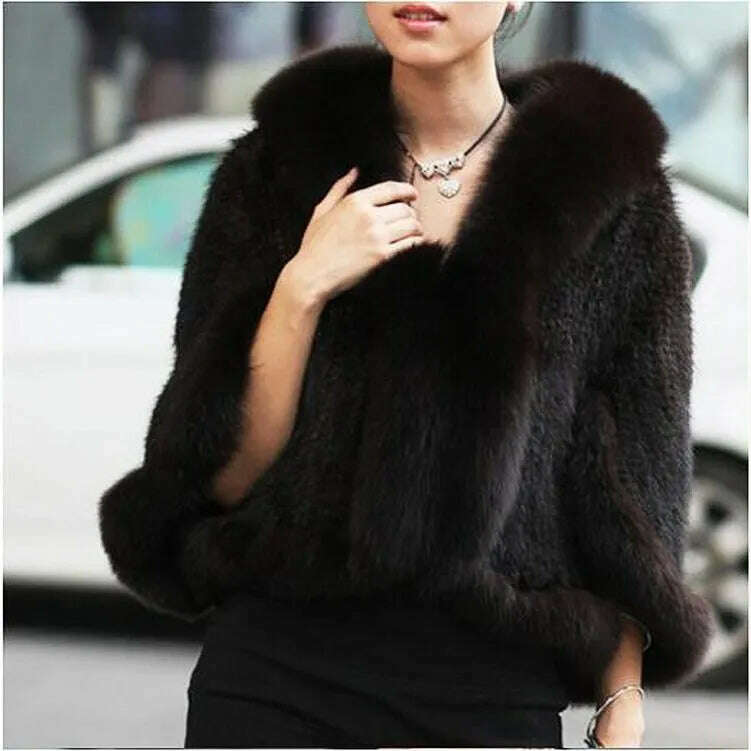 Autumn Winter Ladies' Genuine Knitted Mink Fur Shawls Fox Fur Collar Women Fur Pashmina Wraps Bridal Cape Coat Jacket - KIMLUD