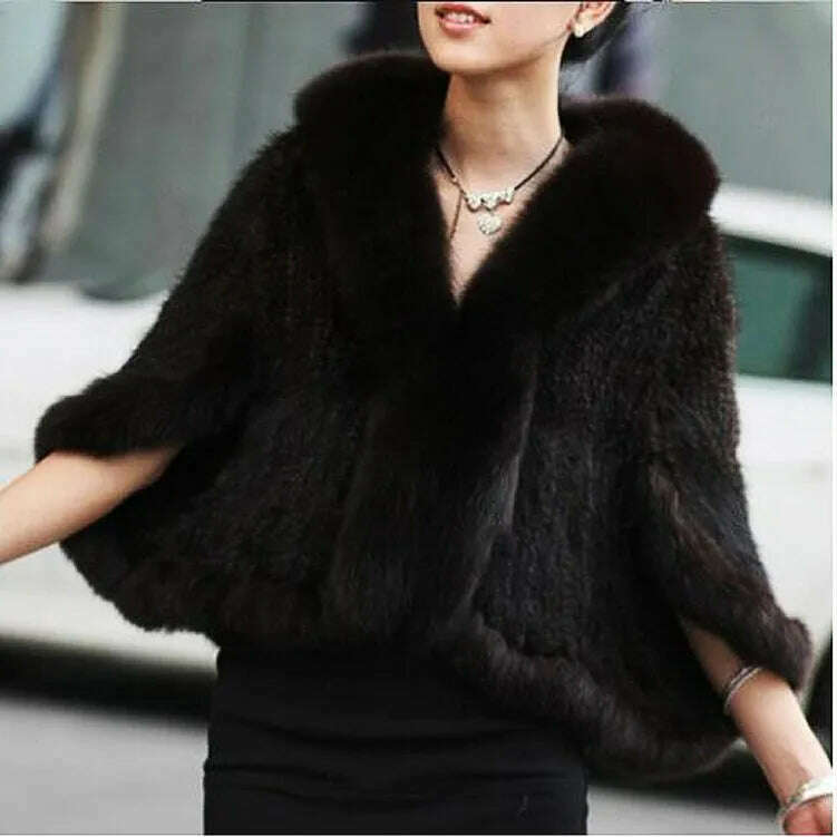 Autumn Winter Ladies' Genuine Knitted Mink Fur Shawls Fox Fur Collar Women Fur Pashmina Wraps Bridal Cape Coat Jacket - KIMLUD