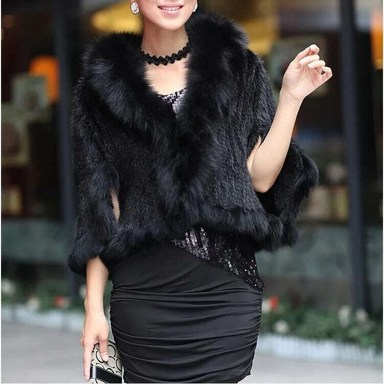 Autumn Winter Ladies' Genuine Knitted Mink Fur Shawls Fox Fur Collar Women Fur Pashmina Wraps Bridal Cape Coat Jacket - KIMLUD
