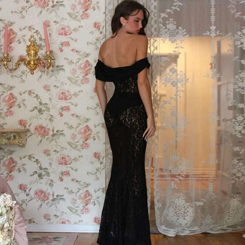 Autumn Winter Off Shoulder Backless Sexy Party Club See Through Maxi Long Lace Dress Women Short Sleeve Bodycon Dresses Vestido - KIMLUD