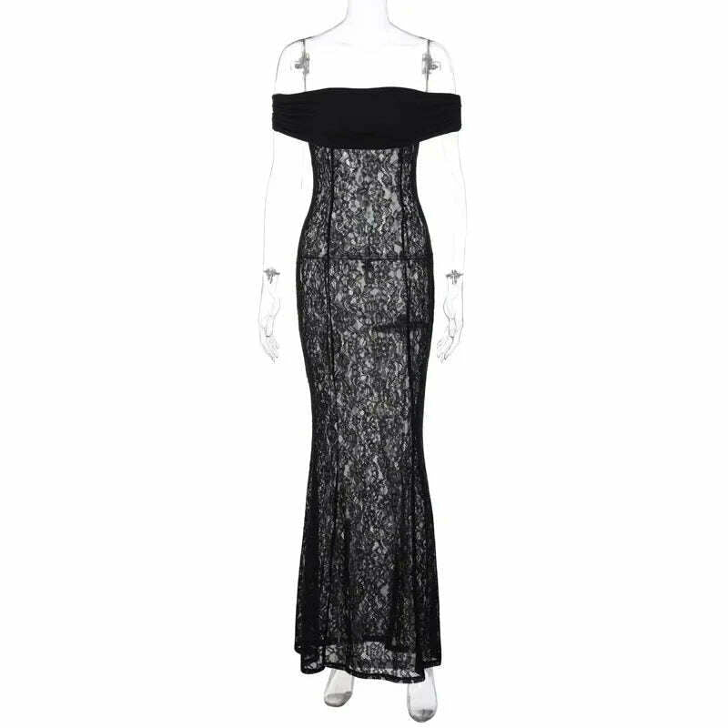 Autumn Winter Off Shoulder Backless Sexy Party Club See Through Maxi Long Lace Dress Women Short Sleeve Bodycon Dresses Vestido - KIMLUD