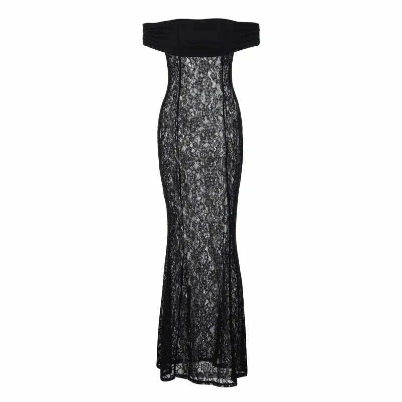 Autumn Winter Off Shoulder Backless Sexy Party Club See Through Maxi Long Lace Dress Women Short Sleeve Bodycon Dresses Vestido - KIMLUD