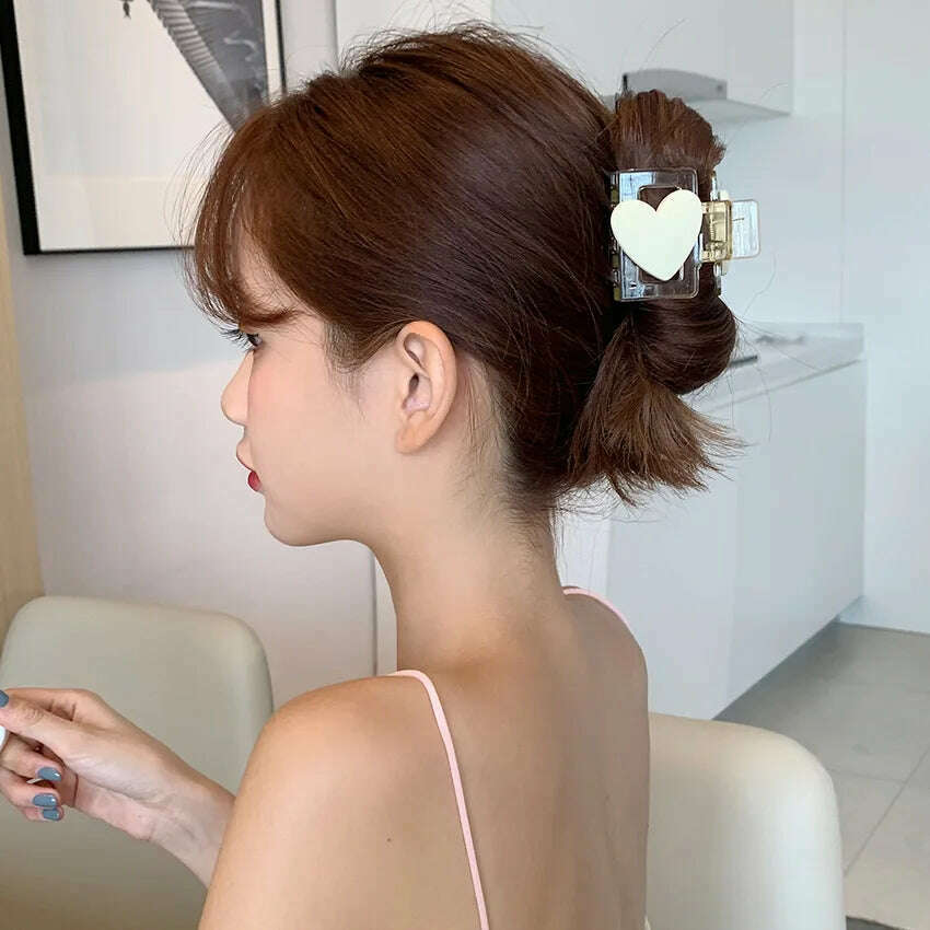 AWAYTR New Korea Heart Shape Acrylic Hair Claws Crab Large Pearl Claw Clips for Woman Girls Bath Barrette Lady Fashion Headdress - KIMLUD