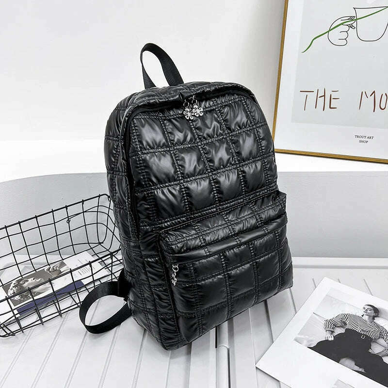KIMLUD, Backpack Women's New Korean Fashion Space Cotton Backpack Diamond Designer Thread Shoulder Bag Large Capacity Down School Bag, KIMLUD Womens Clothes