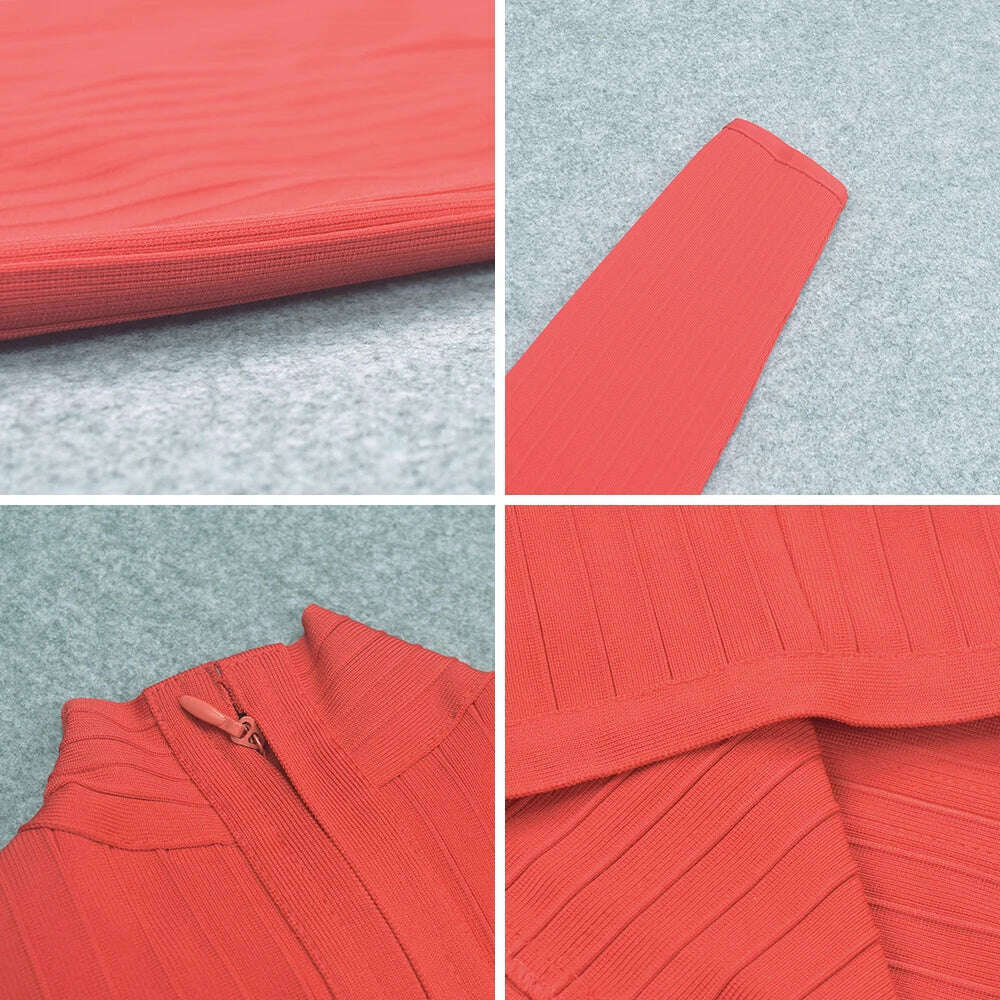 BEAUKEY Sexy Red Bandage Dress 2023 Nude Turtleneck Long Sleeves Office Bodycon Dress Cross Criss Women Midi Vestidos Maxi XL - KIMLUD