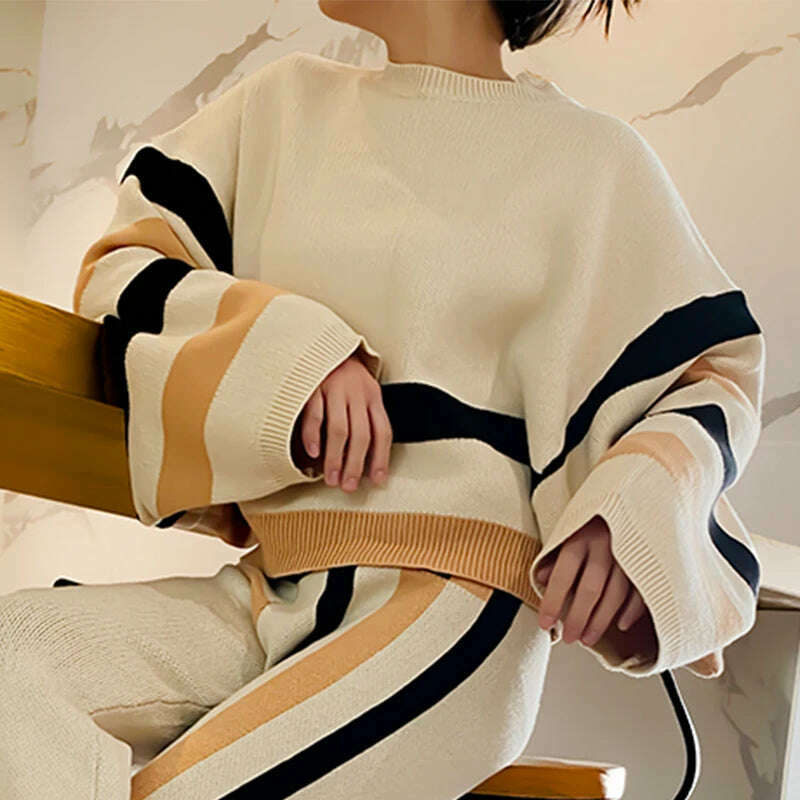 KIMLUD, Beautyblue Chic Elegant Lantern Sleeves Pullovers Women Sweater New Casual Loose Fit Striped Knit Warm Autumn Spring Female Tops, KIMLUD Womens Clothes