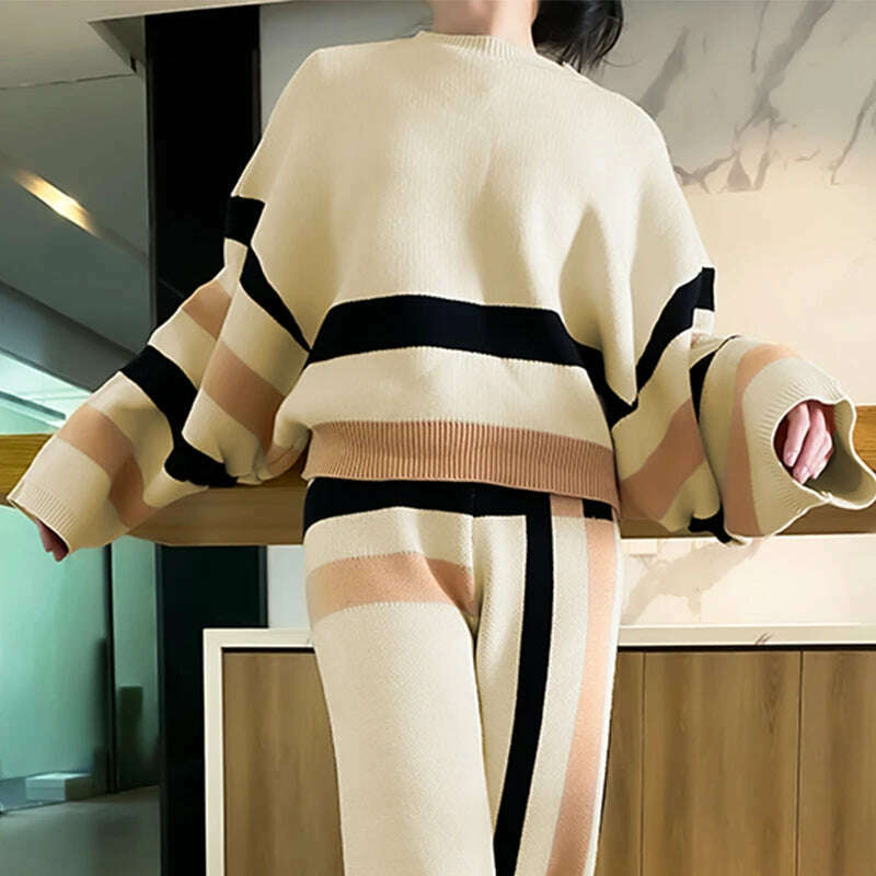 KIMLUD, Beautyblue Chic Elegant Lantern Sleeves Pullovers Women Sweater New Casual Loose Fit Striped Knit Warm Autumn Spring Female Tops, KIMLUD Womens Clothes