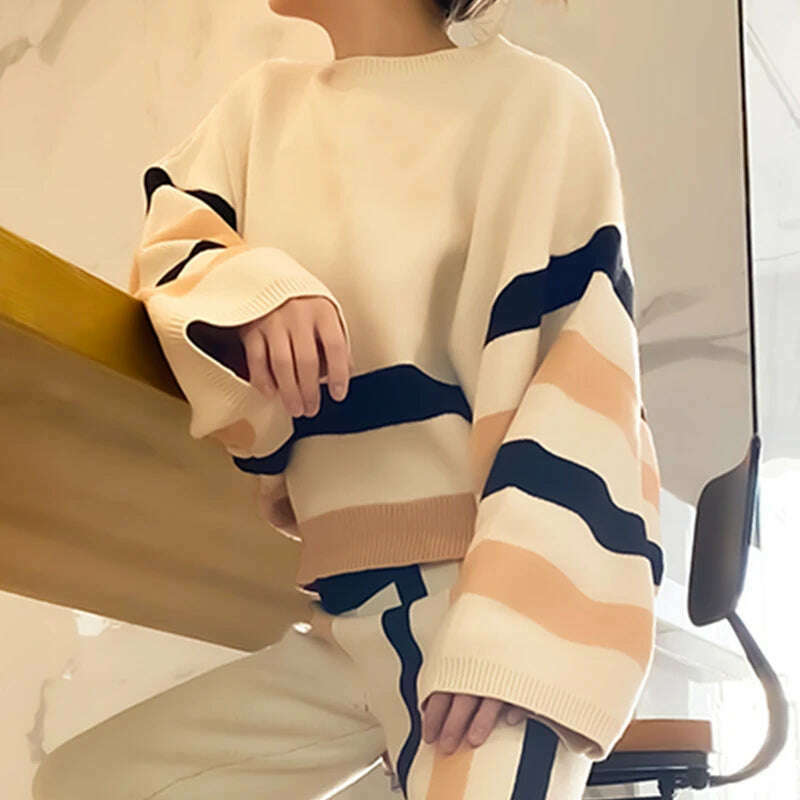 KIMLUD, Beautyblue Chic Elegant Lantern Sleeves Pullovers Women Sweater New Casual Loose Fit Striped Knit Warm Autumn Spring Female Tops, KIMLUD Womens Clothes