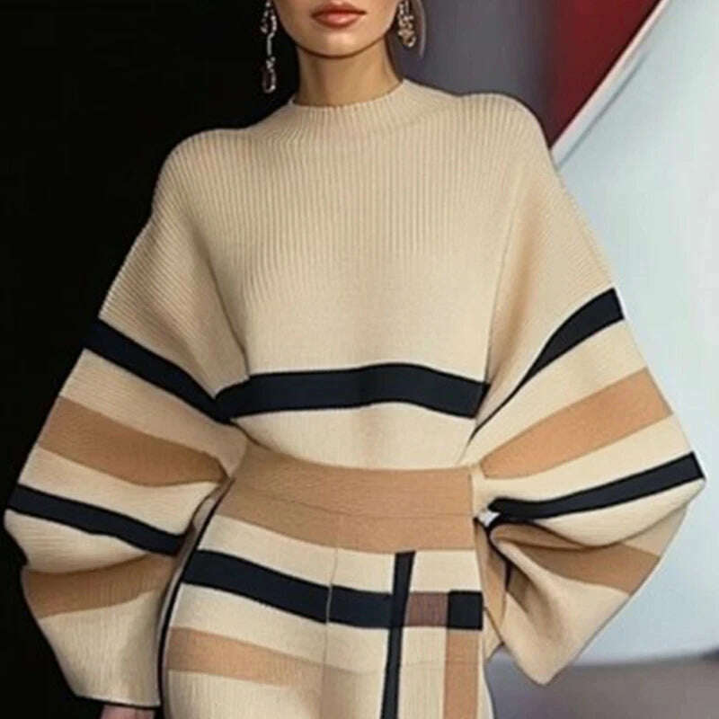 KIMLUD, Beautyblue Chic Elegant Lantern Sleeves Pullovers Women Sweater New Casual Loose Fit Striped Knit Warm Autumn Spring Female Tops, KIMLUD Womens Clothes