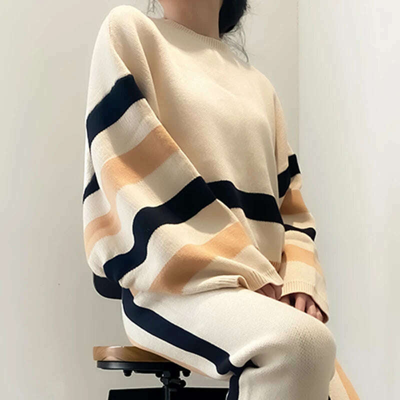 KIMLUD, Beautyblue Chic Elegant Lantern Sleeves Pullovers Women Sweater New Casual Loose Fit Striped Knit Warm Autumn Spring Female Tops, KIMLUD Womens Clothes