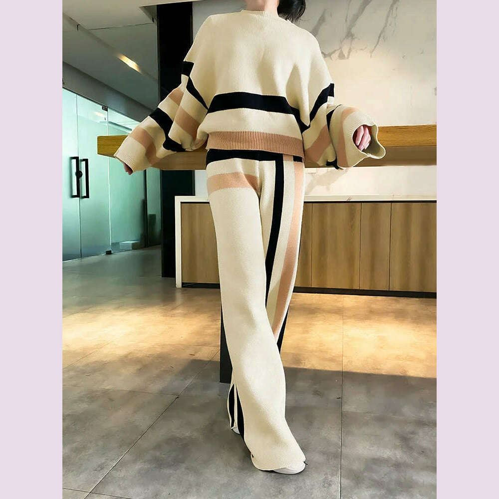 KIMLUD, Beautyblue Chic Elegant Lantern Sleeves Pullovers Women Sweater New Casual Loose Fit Striped Knit Warm Autumn Spring Female Tops, KIMLUD Womens Clothes