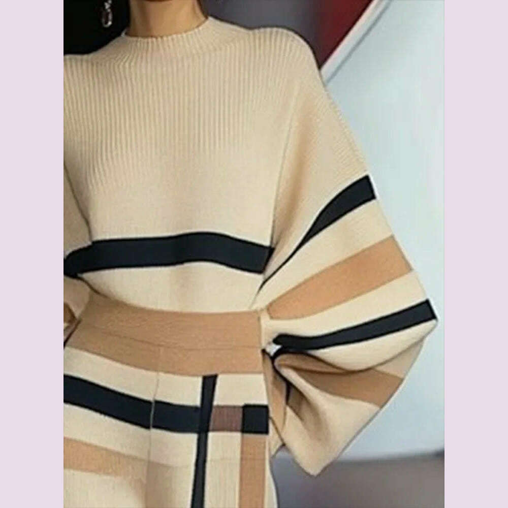KIMLUD, Beautyblue Chic Elegant Lantern Sleeves Pullovers Women Sweater New Casual Loose Fit Striped Knit Warm Autumn Spring Female Tops, KIMLUD Womens Clothes