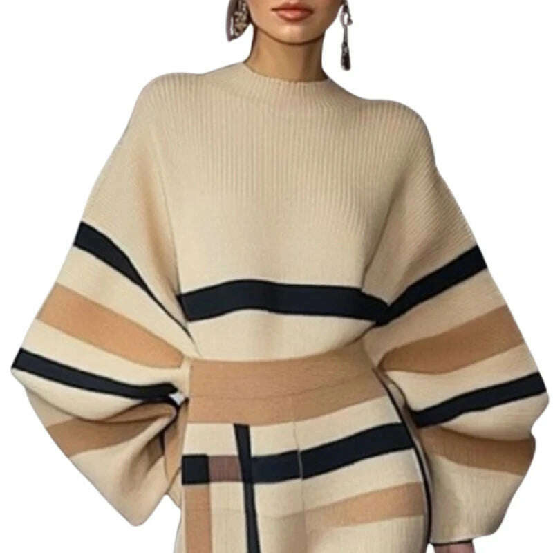 KIMLUD, Beautyblue Chic Elegant Lantern Sleeves Pullovers Women Sweater New Casual Loose Fit Striped Knit Warm Autumn Spring Female Tops, KIMLUD Womens Clothes