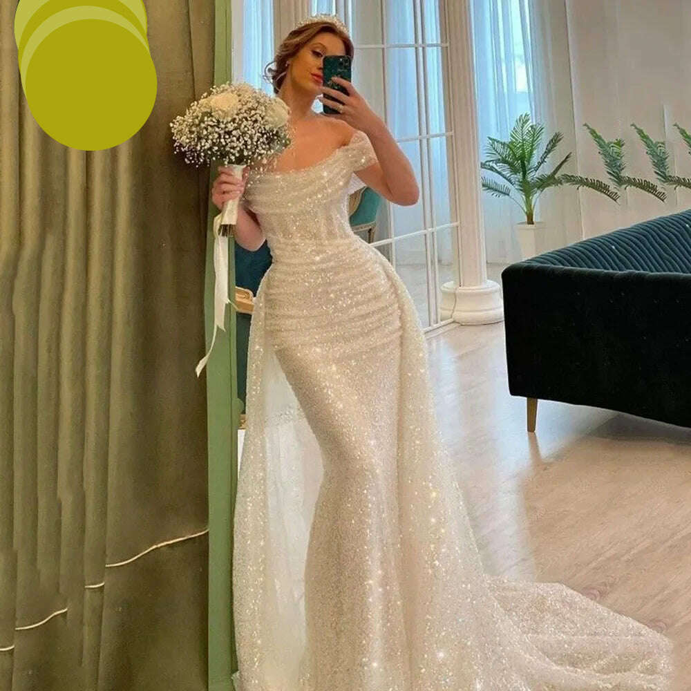 KIMLUD, Bella White Glitter Prom Dresses Shiny Sequins Mermaid Wedding Dress Customized Long Train Off Shoulder Vestidos De Fiesta 2024, as pic / 4 / CHINA, KIMLUD APPAREL - Womens Clothes