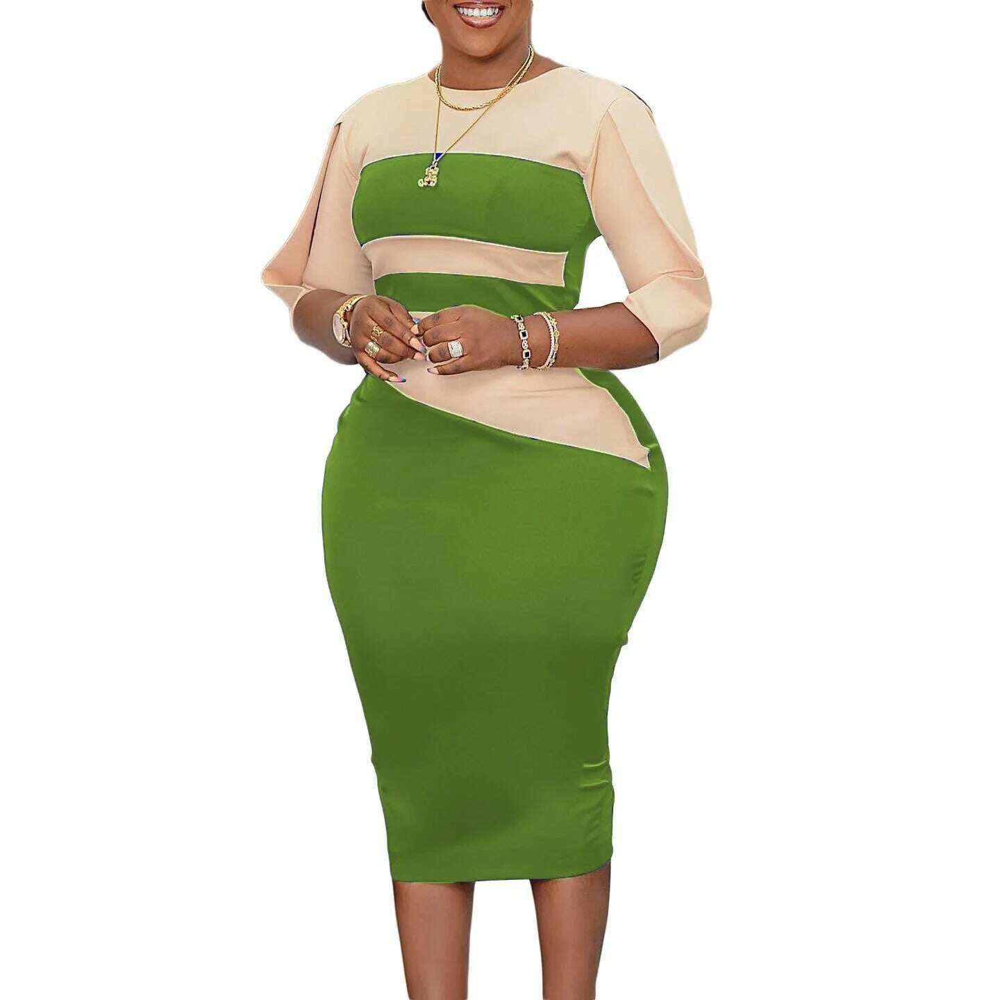 KIMLUD, Big size women 2024 new fashion temperament commuter five-quarter sleeve color matching buttock dress, KIMLUD Womens Clothes