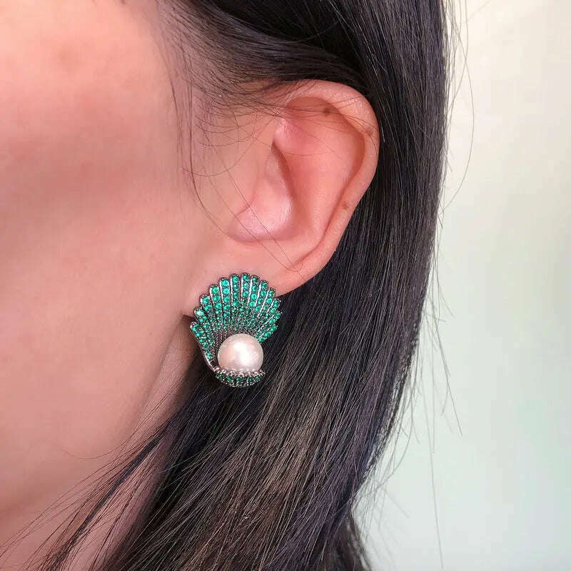 Bilincolor White Pearl Green Clam Shell Earring for Women - KIMLUD