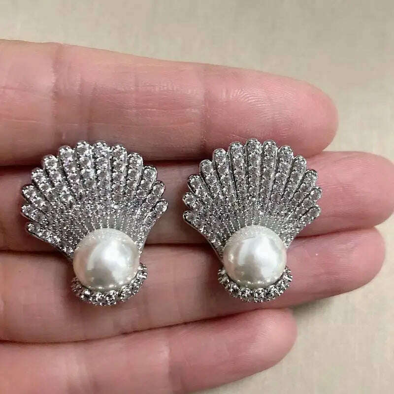 Bilincolor White Pearl Green Clam Shell Earring for Women - KIMLUD