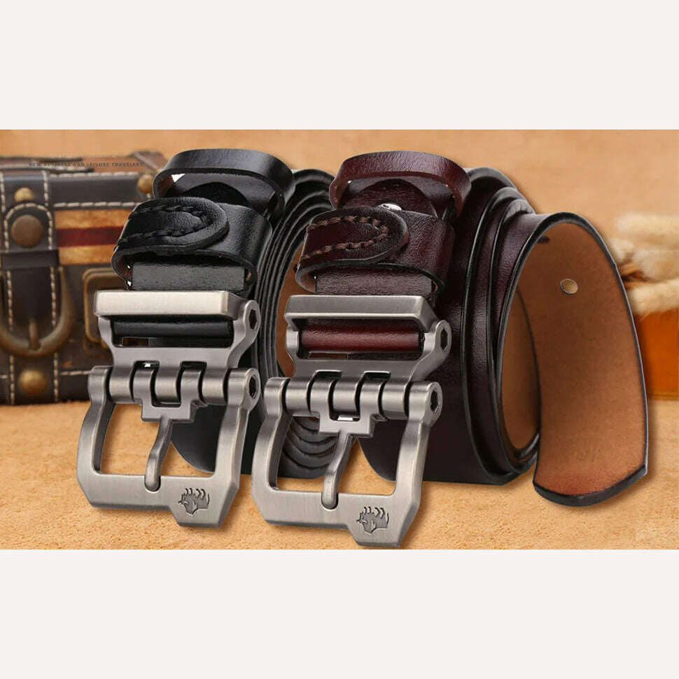 BISON DENIM Genuine Leather Men Belt Cowskin High Quality Personality Buckle Vintage Business Male Waist Straps For Jeans - KIMLUD