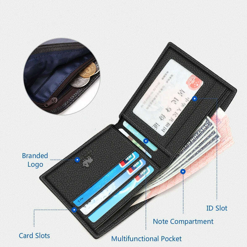 BISON DENIM Genuine Leather Men Wallets Brand Luxury RFID Bifold Wallet Zipper Coin Purse Business Card Holder Wallet N4470 - KIMLUD