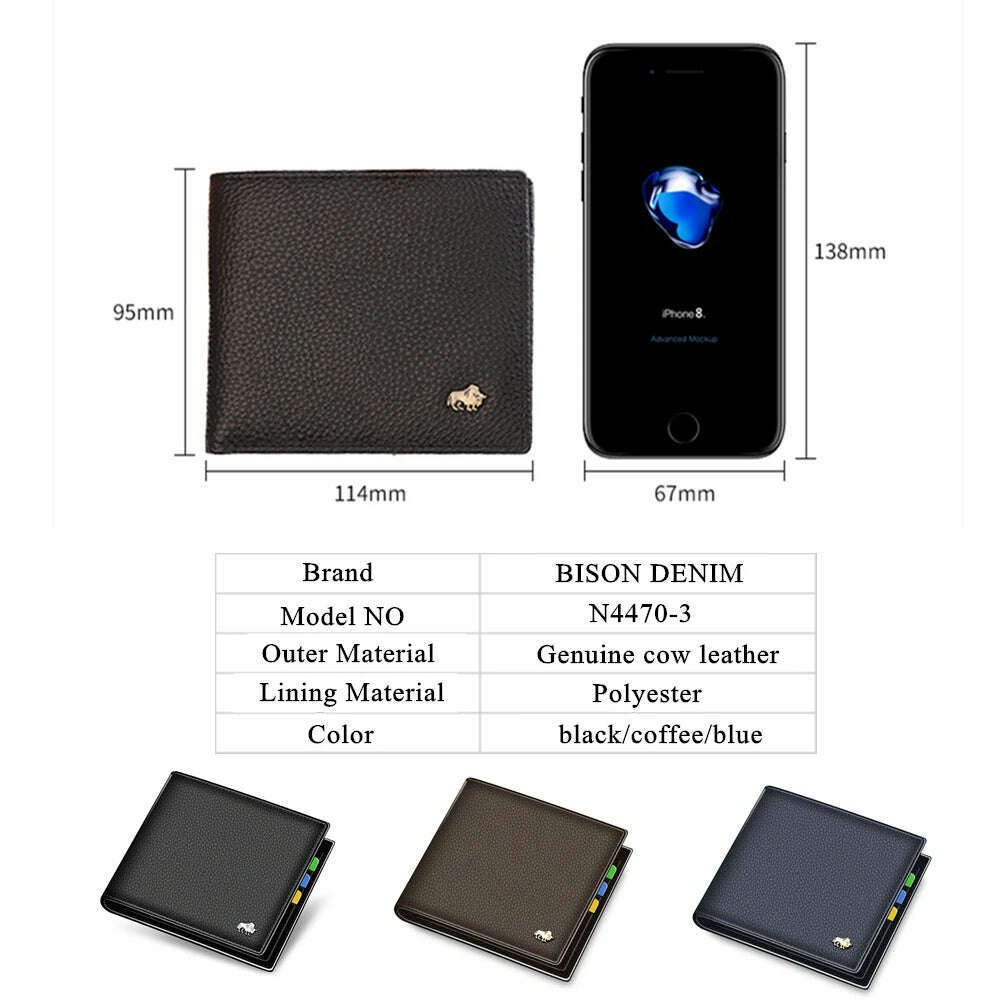 BISON DENIM Genuine Leather Men Wallets Brand Luxury RFID Bifold Wallet Zipper Coin Purse Business Card Holder Wallet N4470 - KIMLUD