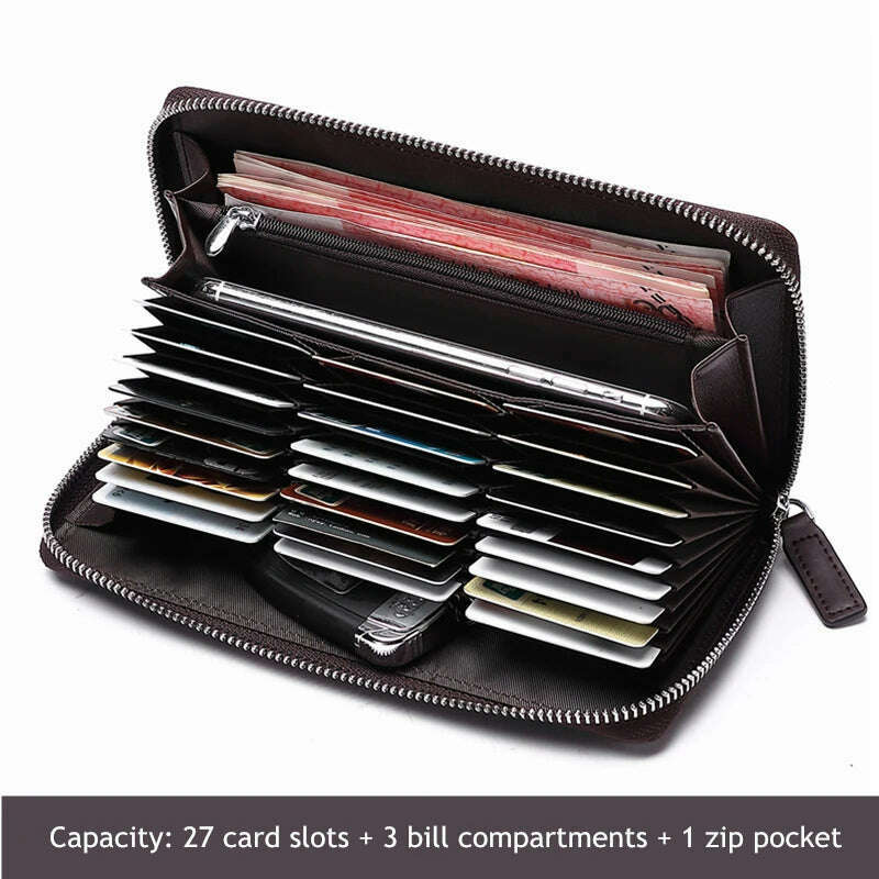 KIMLUD, BISON DENIM Genuine leather Wallet Men Zipper Coin Pocket Long Purse Male Passport Cover RFID Blocking Card Holder Wallet, KIMLUD Womens Clothes