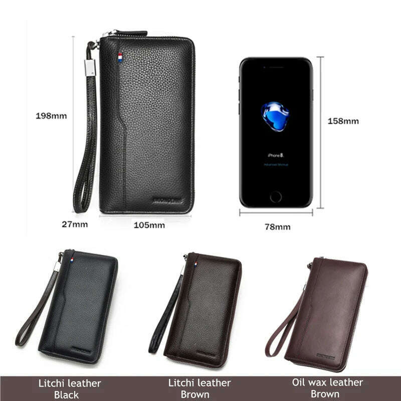 KIMLUD, BISON DENIM Genuine leather Wallet Men Zipper Coin Pocket Long Purse Male Passport Cover RFID Blocking Card Holder Wallet, KIMLUD Womens Clothes