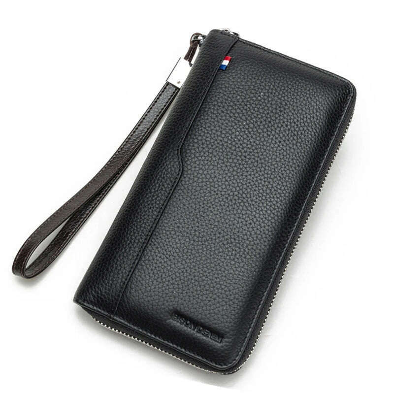 KIMLUD, BISON DENIM Genuine leather Wallet Men Zipper Coin Pocket Long Purse Male Passport Cover RFID Blocking Card Holder Wallet, KIMLUD Womens Clothes