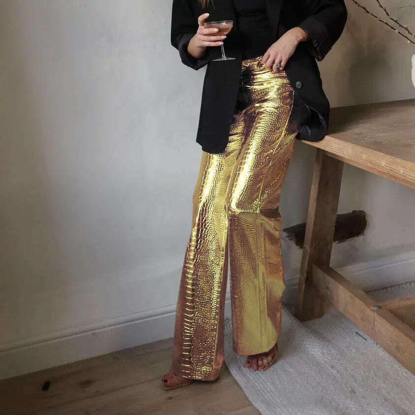 BKQU Gold Sliver Leather Straight Wide Leg Pants for Women 2024 Fashion Streetwear High Waist Scale Leather Party Club Trousers - KIMLUD