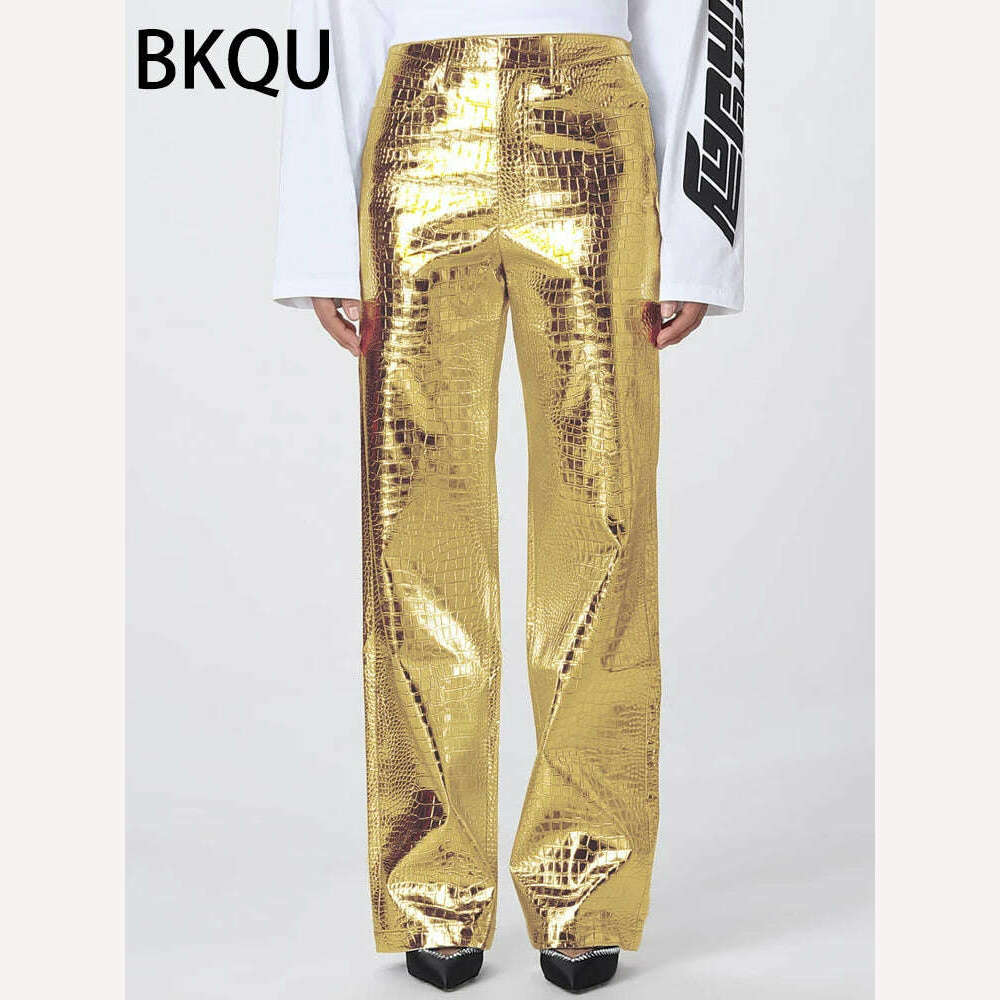 BKQU Gold Sliver Leather Straight Wide Leg Pants for Women 2024 Fashion Streetwear High Waist Scale Leather Party Club Trousers - KIMLUD